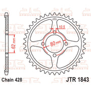 Rear JT Sprockets JTR1843.49 sprocket with 428 pitch, showing the black metal construction and gear teeth for motorcycle drivetrain.
