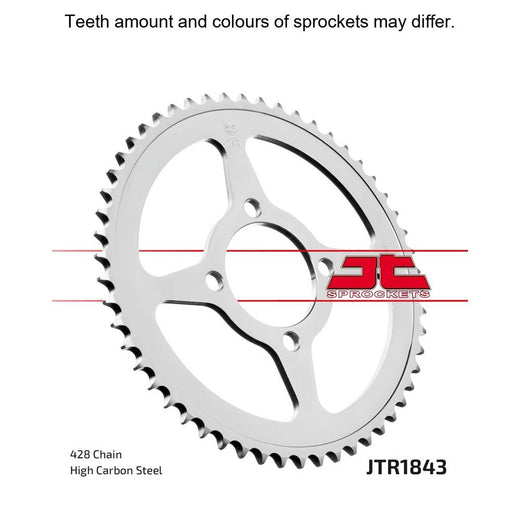 Rear JT Sprockets JTR1843.54 428 pitch sprocket with gear teeth and mounting holes for motorcycle or dirt bike use.