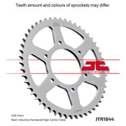 JT Sprockets rear sprocket JTR1844.44, 428 pitch, designed for motorcycle chains, showcasing the black metal sprocket with gear teeth.