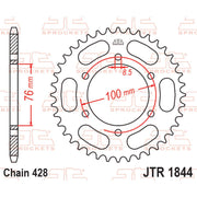Rear JT Sprockets JTR1844.52 motorcycle sprocket with 428 pitch, featuring durable metal construction and gear teeth for optimal performance.