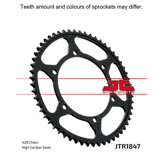 Rear JT Sprockets JTR1847.55 motorcycle sprocket with multiple teeth and metal construction, mounted on a bike wheel.