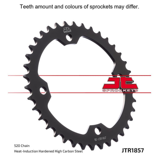 Rear JT Sprockets JTR1857.36 motorcycle sprocket with evenly spaced teeth and polished metal finish, designed for durability and performance.