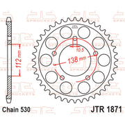 Rear JT Sprockets JTR1871.48 motorcycle sprocket with metal teeth and black finish, showing detailed gear teeth and branding.