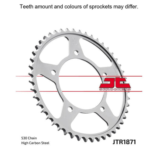 Rear sprocket from JT Sprockets, model JTR1871.50, showing the black metal sprocket with evenly spaced teeth for motorcycle drive.