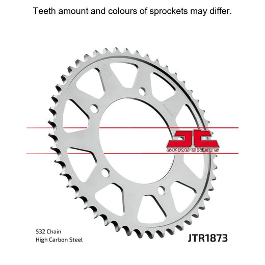 Rear JT Sprockets JTR1873.48 sprocket with metal teeth and central mounting hole, designed for motorcycle chain drive systems.