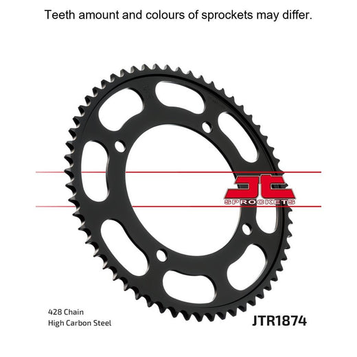 Rear JT Sprockets JTR1874.56 sprocket with metal teeth and black finish, designed for motorcycle drivetrain performance.