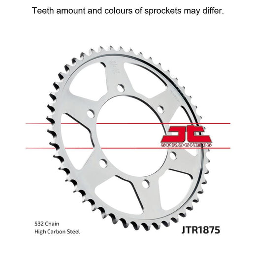 Rear JT Sprockets JTR1875.48 motorcycle sprocket with metal teeth and black finish, designed for durable motorcycle chain drive.