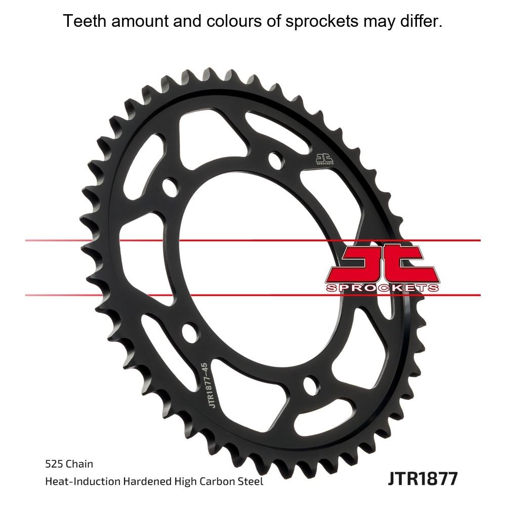 Rear sprocket from JT Sprockets JTR1877.41 series, showing the metal construction and gear teeth for motorcycle drivetrain.