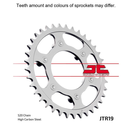 JT Sprockets rear sprocket JTR19.38 with durable metal construction, featuring gear teeth for motorcycle drivetrain, shown from side angle