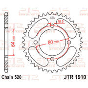 Rear sprocket by JT Sprockets, model JTR1910.36, showing metal sprocket with evenly spaced teeth for motorcycle chain drive.