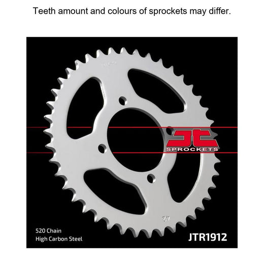 Rear JT Sprockets JT R1912.42 sprocket with multiple teeth and a metallic finish for motorcycle drive systems.
