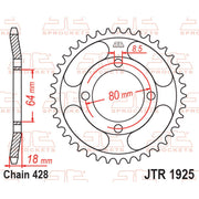 JT Sprockets rear sprocket JTR1925.51, durable motorcycle sprocket with metal teeth and black finish, mounted on a bike wheel.