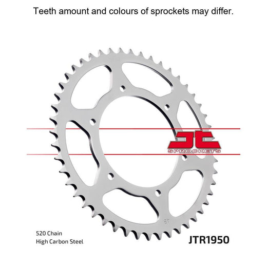Rear JT Sprockets JTR1950.48 motorcycle sprocket with evenly spaced teeth and brand logo, designed for durability and performance.