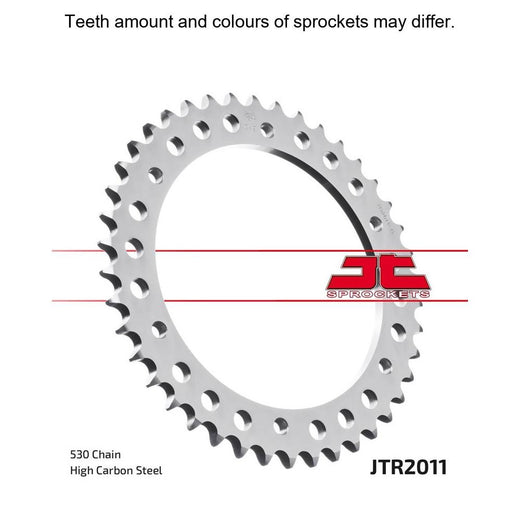 Rear JT Sprockets JTR2011.46 motorcycle sprocket with metallic finish and multiple bolt holes for secure attachment.