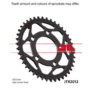 Rear sprocket by JT Sprockets, model JTR2012.42, with metal teeth and black finish, designed for motorcycle chain drive systems.