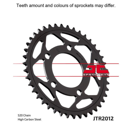 Rear JT Sprockets JTR2012.42 sprocket showing metal teeth and central mounting hole for motorcycle drivetrain.