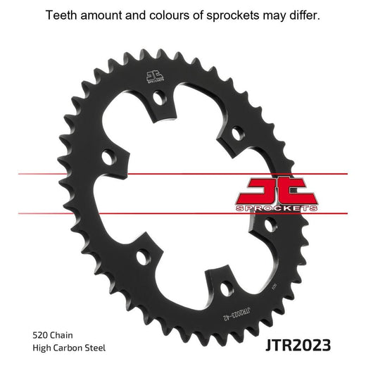 Rear JT Sprockets JTR2023.42 sprocket with evenly spaced teeth, made of durable metal, designed for motorcycle chain drive systems.