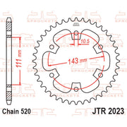 Rear sprocket by JT Sprockets, model JTR2023.42, showing metallic gear teeth and black finish for motorcycle drivetrain.