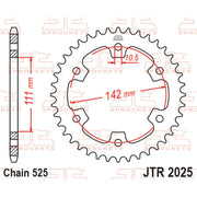 Rear sprocket from JT Sprockets JTR2025.38, showing black metal teeth and circular design for motorcycle drivetrain.