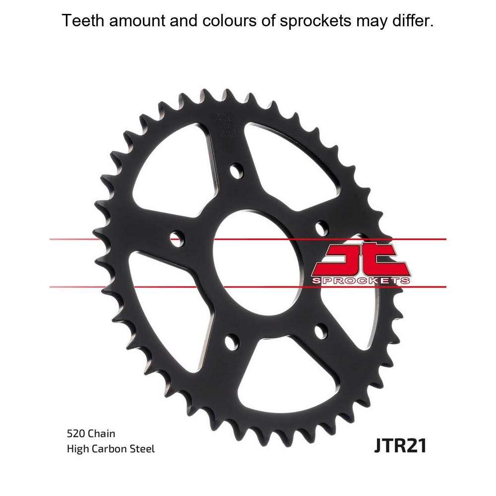 Rear sprocket from JT Sprockets JTR21.40 model, showing the metallic gear with evenly spaced teeth for motorcycle chain drive.