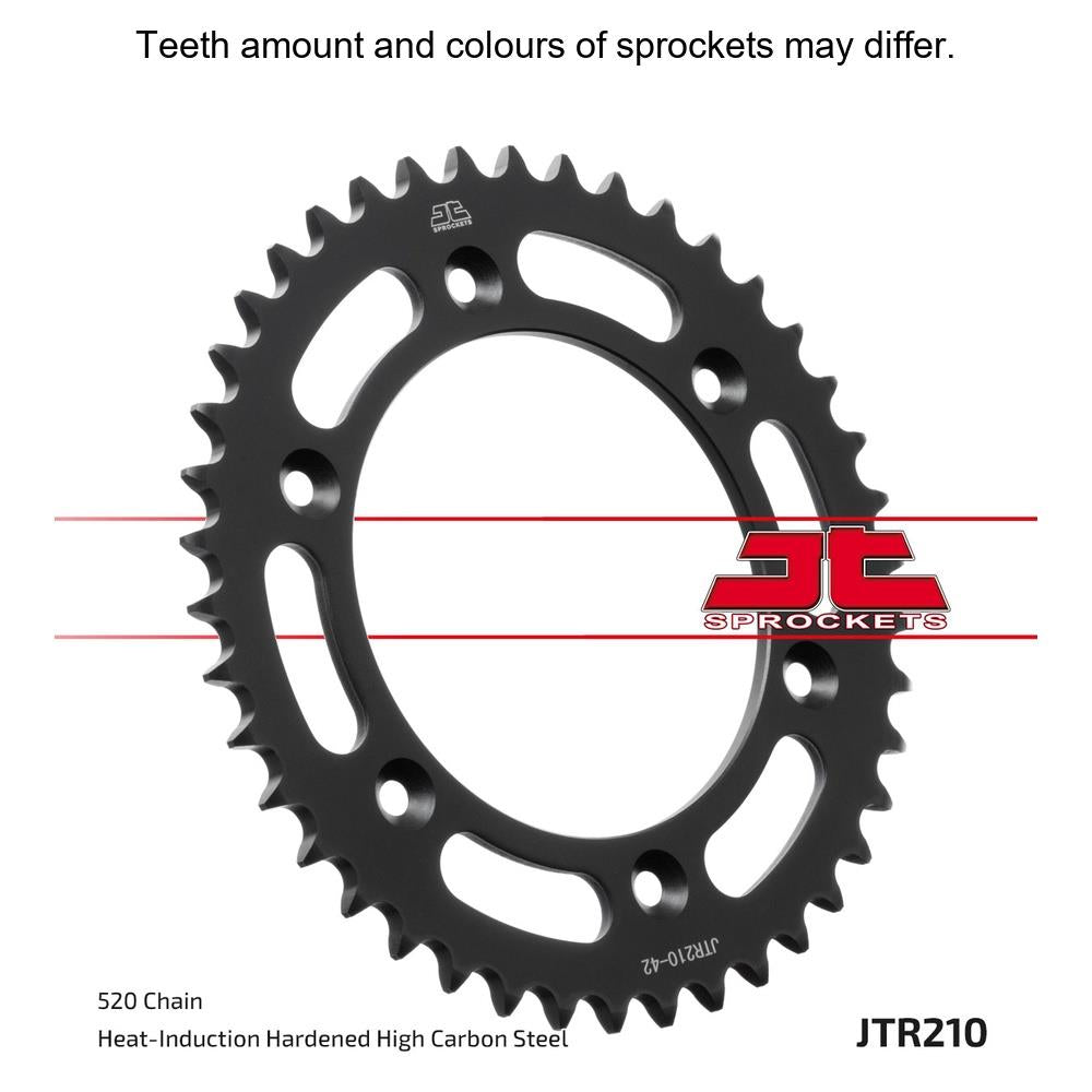 Rear JT Sprockets JTR210.44 motorcycle sprocket with 520 pitch, showing the black metal construction and gear teeth.