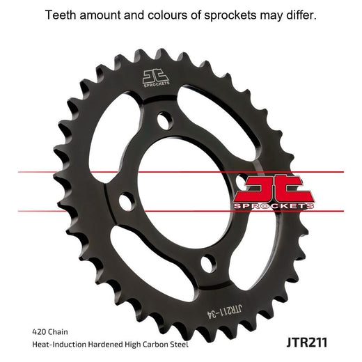 Rear JT Sprockets JTR211.34 428 pitch sprocket with teeth for motorcycle or dirt bike, black metal finish, detailed gear teeth visible.