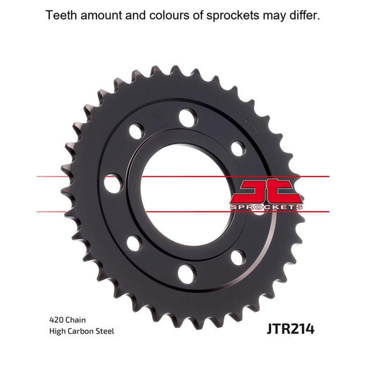 JT Sprockets rear sprocket JTR214.36 for motorcycles, showing the metal sprocket with teeth and brand engraving on the surface.