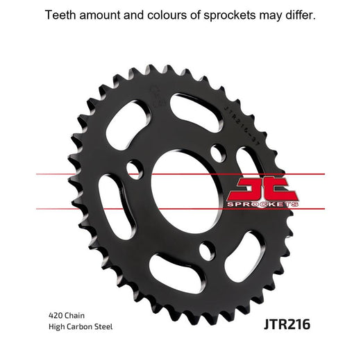 Rear JT Sprockets JTR216.40 sprocket with teeth and brand markings, designed for motorcycle chain drive systems.