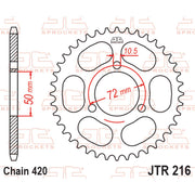 JT Sprockets rear sprocket JTR216.45 with metal teeth and black finish for motorcycle, showing the detailed gear teeth and branding.