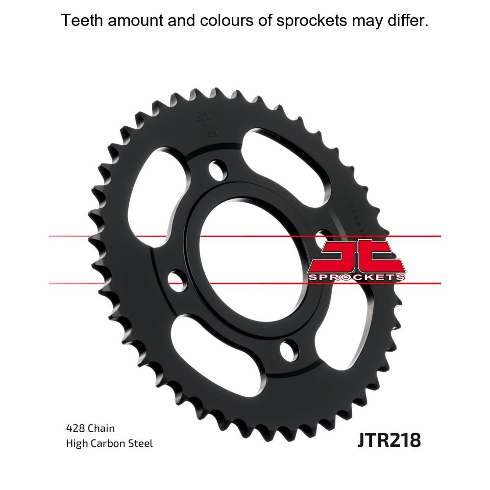 Rear sprocket from JT Sprockets JTR218.44 series, made of durable metal with evenly spaced teeth for motorcycle chain drive.