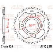 Rear sprocket by JT Sprockets, model JTR218.44, with a metallic finish and gear teeth designed for motorcycle drivetrain performance.