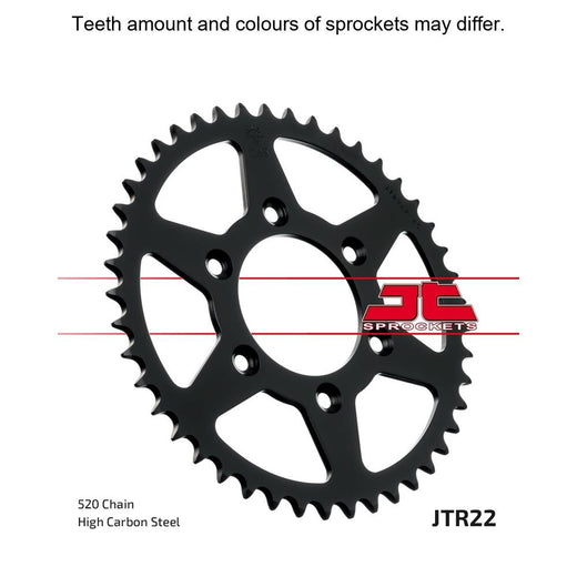 Rear sprocket JT Sprockets JTR22.42, 42-tooth motorcycle sprocket with metal teeth and durable finish, mounted on a bike wheel.