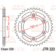 Rear sprocket by JT Sprockets, model JTR223.48, with metal teeth for motorcycle drive system, shown in a close-up image.