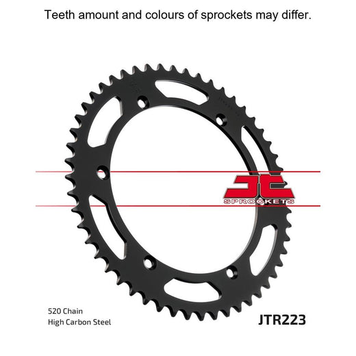JT Sprockets rear JTR223.52 sprocket showing metal teeth and mounting hole pattern for motorcycle or ATV.