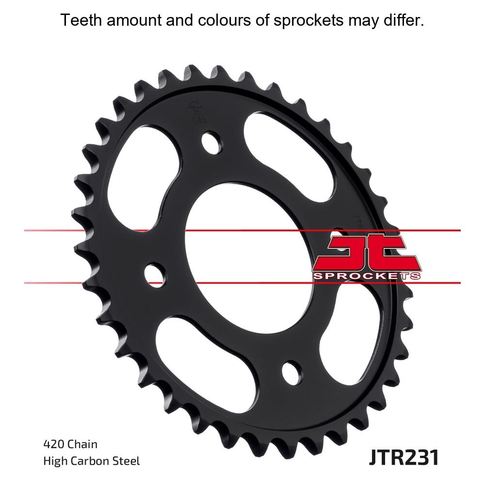 Rear sprocket by JT Sprockets, model JTR231.36, with metal teeth designed for motorcycle chain drive systems.