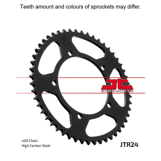 Rear JT Sprockets JTR24.50 sprocket with evenly spaced teeth and metal finish, designed for motorcycle chain drive systems.