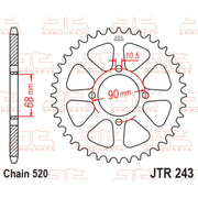 Rear sprocket by JT Sprockets, model JTR243.42, with evenly spaced teeth for motorcycle chain drive.