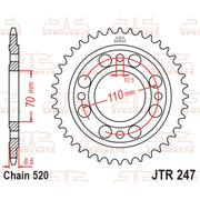 Rear sprocket from JT Sprockets, model JTR247.36, with metal teeth for motorcycle drivetrain, shown in close-up.