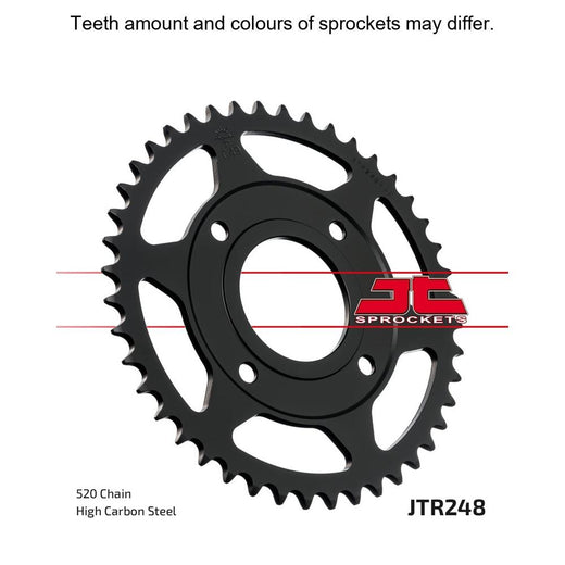 Rear sprocket for motorcycle from JT Sprockets, model JTR248.44, with silver metal teeth and mounting holes visible.