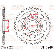 Rear sprocket by JT Sprockets, model JTR248.45, showcasing the black metal sprocket with gear teeth for motorcycle or dirt bike use.