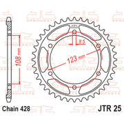 JT Sprockets rear sprocket JTR25.60 with 428 pitch, showing the black metal sprocket with teeth and branding details.