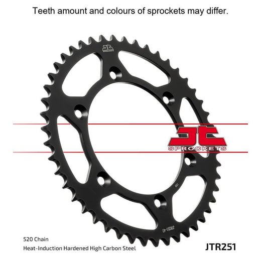 Rear JT Sprockets JTR251.38 motorcycle sprocket with evenly spaced teeth and metallic finish, designed for durability and performance.
