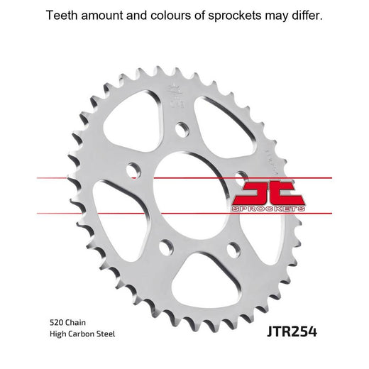 Rear JT Sprockets JTR254.50 520 pitch sprocket showing metal teeth and mounting holes, designed for motorcycle drive systems.