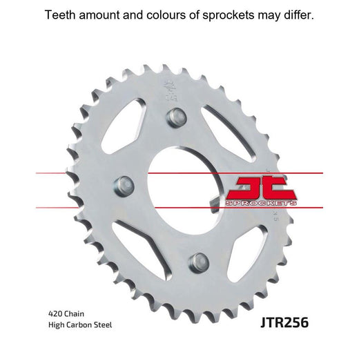 Rear JT Sprockets JTR256.36 motorcycle sprocket with evenly spaced teeth and metallic finish, designed for durable performance.