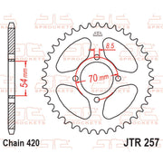 Rear sprocket from JT Sprockets JTR257.40 series, metal gear with evenly spaced teeth for motorcycle chain drive.