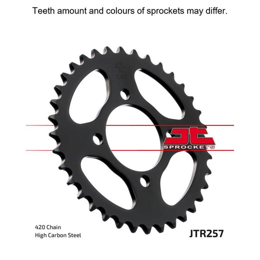 Rear JT Sprockets JTR257.42 sprocket with durable metal teeth and cut-out design, suitable for motorcycle chains.
