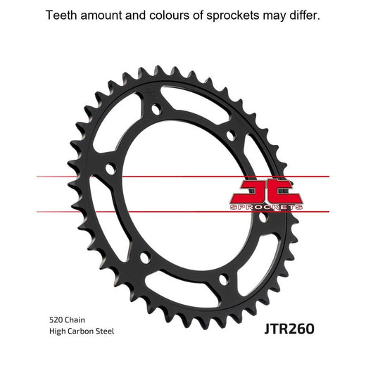 Rear sprocket for motorcycle, JT Sprockets JTR260.40, showing metal teeth and gear teeth pattern on a black background.