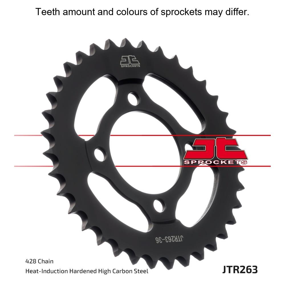 JT Sprockets rear sprocket JTR263.34 with 428 pitch, showcasing the durable metal construction and gear teeth design for motorcycles.
