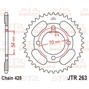 JT Sprockets rear sprocket JTR263.34 with 428 pitch, shown in a close-up image highlighting the metal construction and gear teeth.