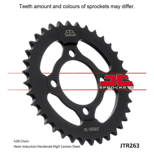 Rear JT Sprockets JTR263.40 428 pitch sprocket for motorcycles, showcasing the metallic gear teeth and branding details.
